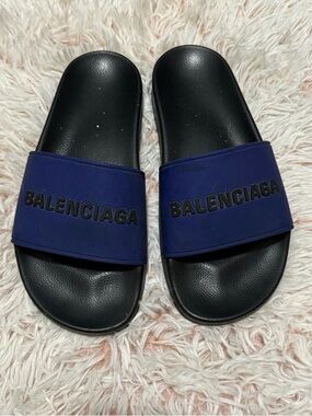 Balenciaga Pool Slides Navy Blue Logo Women’s Size 7 EU 37